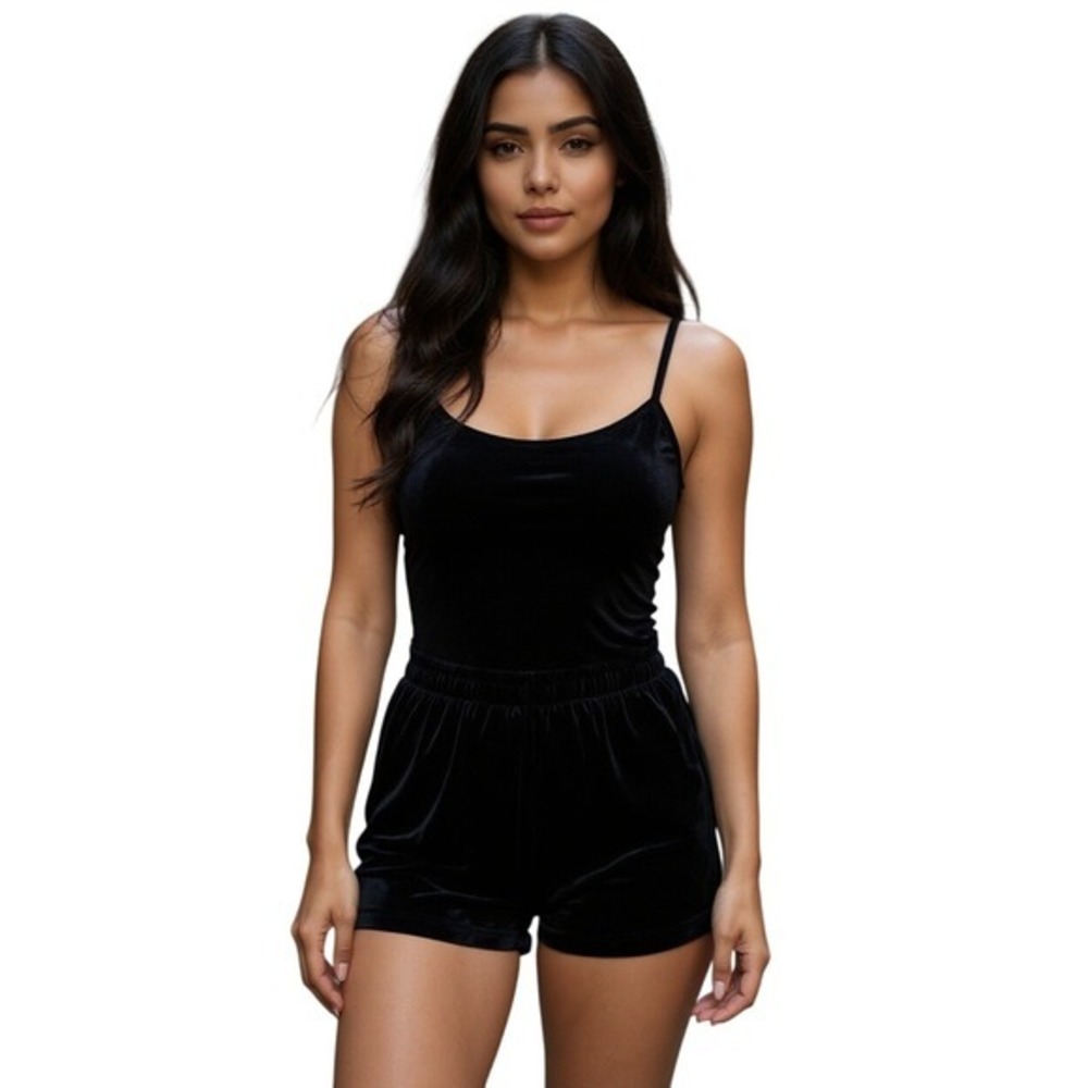 Gilligan O'Malley Womens Black Velvet Chemise and Matching Shorts Sleepwear Set